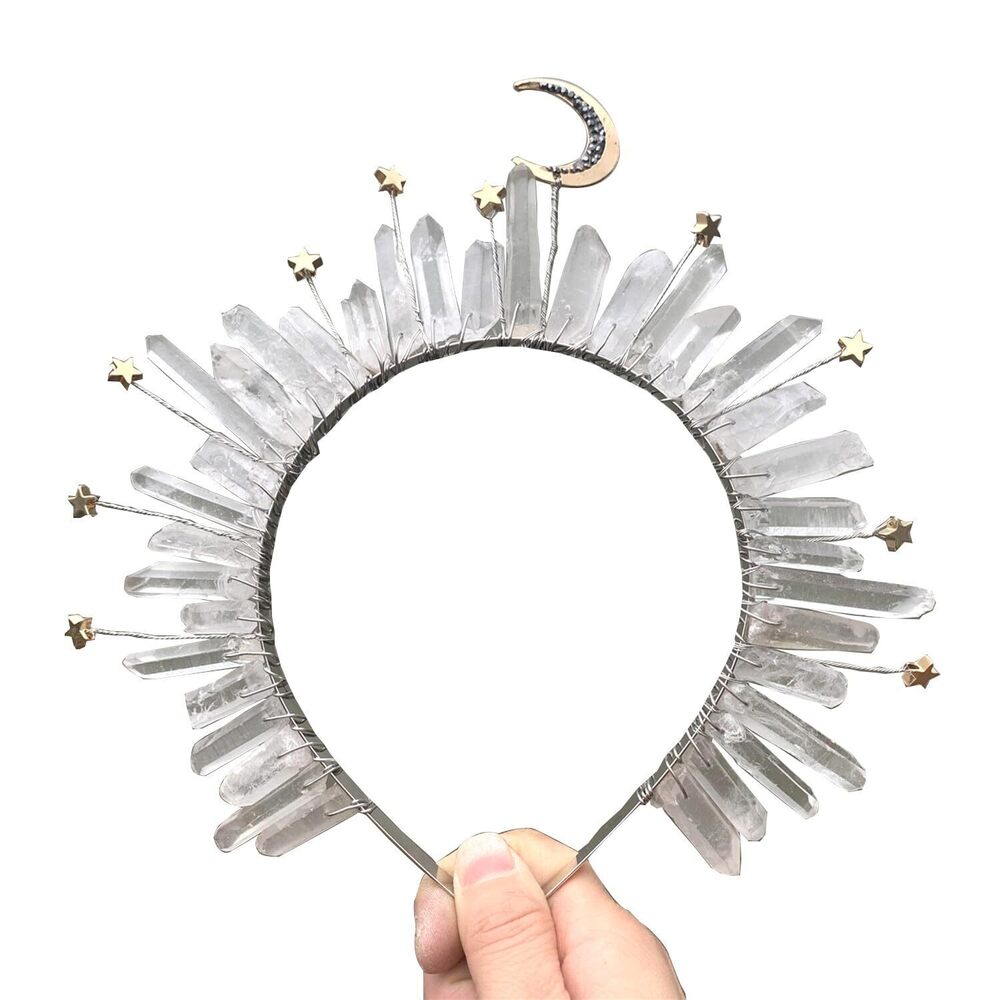 4515 Natural Crystal Quartz Crown Headband-Moon Stars Crystal Boho Tiara